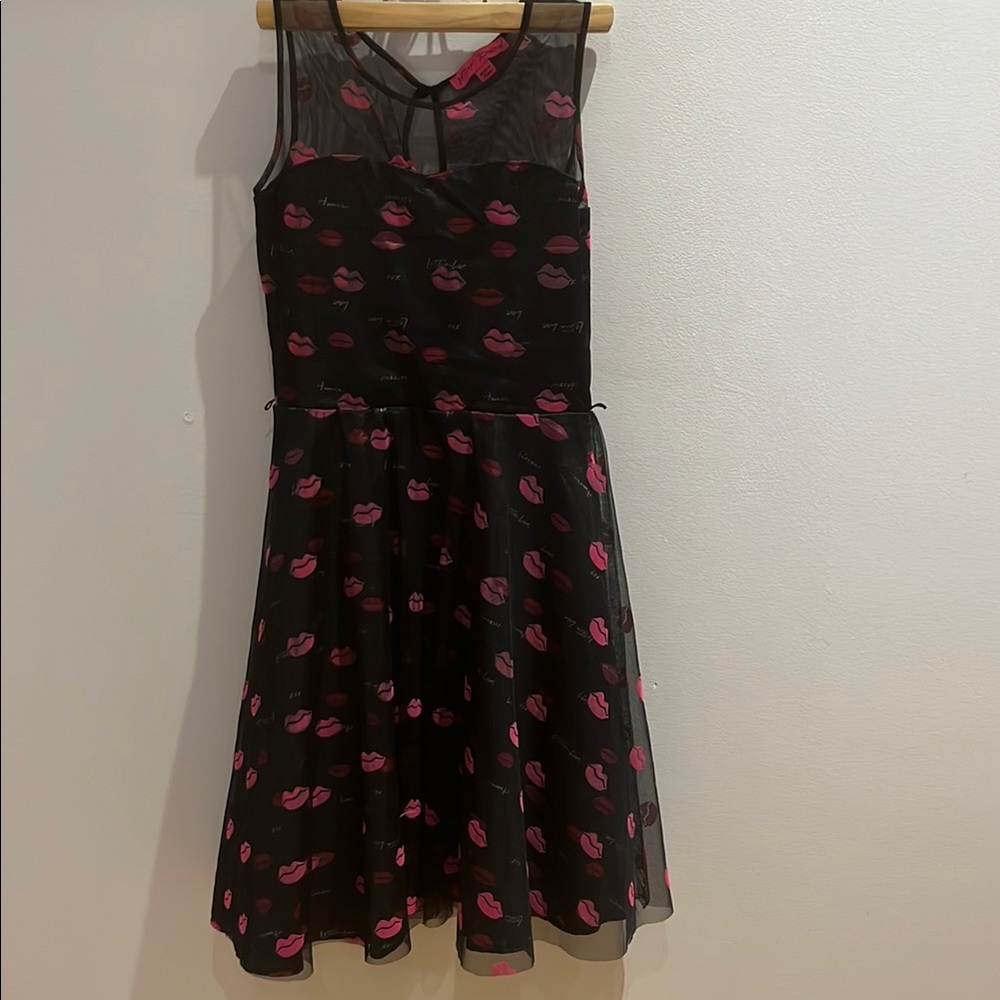 Betsey Johnson Black Dress with Pink Lip Pattern